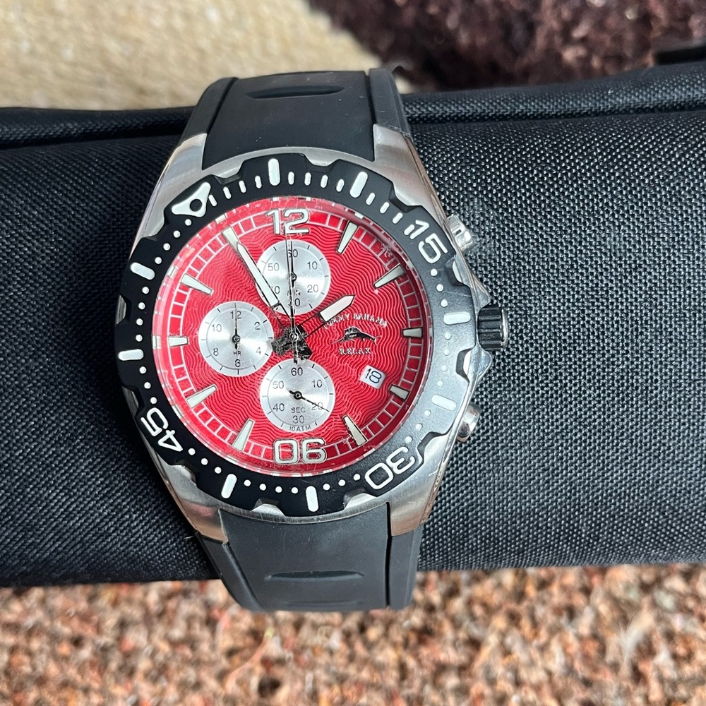 Tommy Bahama Men’s Chronograph Watch – Red Dial, Dive Style (needs battery)